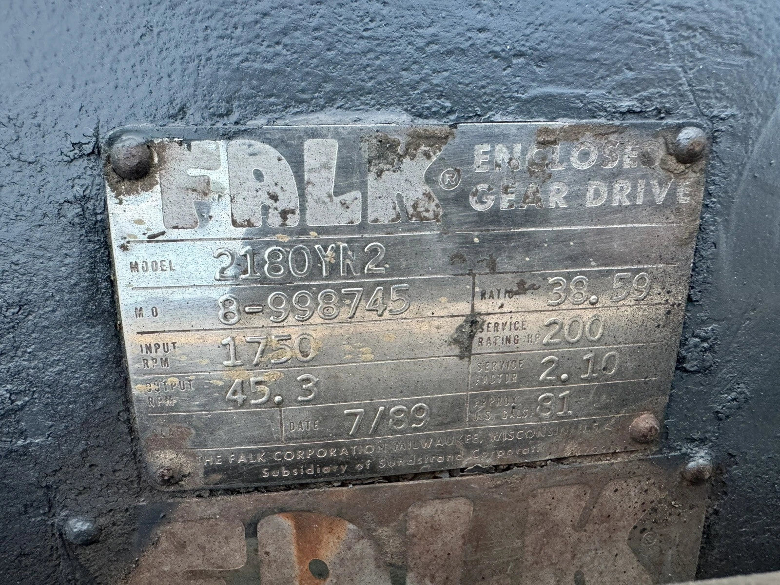 USED FALK ENCLOSED GEAR DRIVE SPEED REDUCER 38.59 RATIO 2180YN2