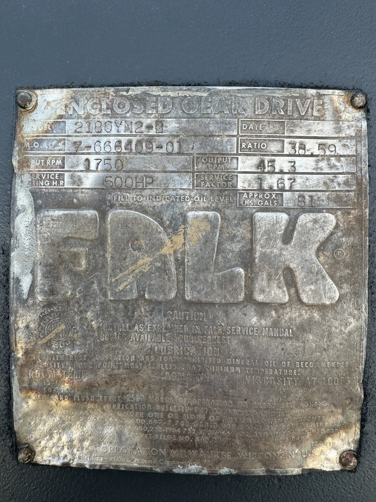 USED FALK ENCLOSED GEAR DRIVE SPEED REDUCER 38.59 RATIO 2180YN2-B