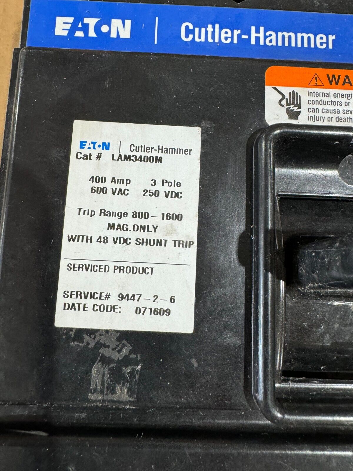 REFURBISHED CUTLER-HAMMER 400AMP 3 POLE MINING CIRCUIT BREAKER LAM3400M