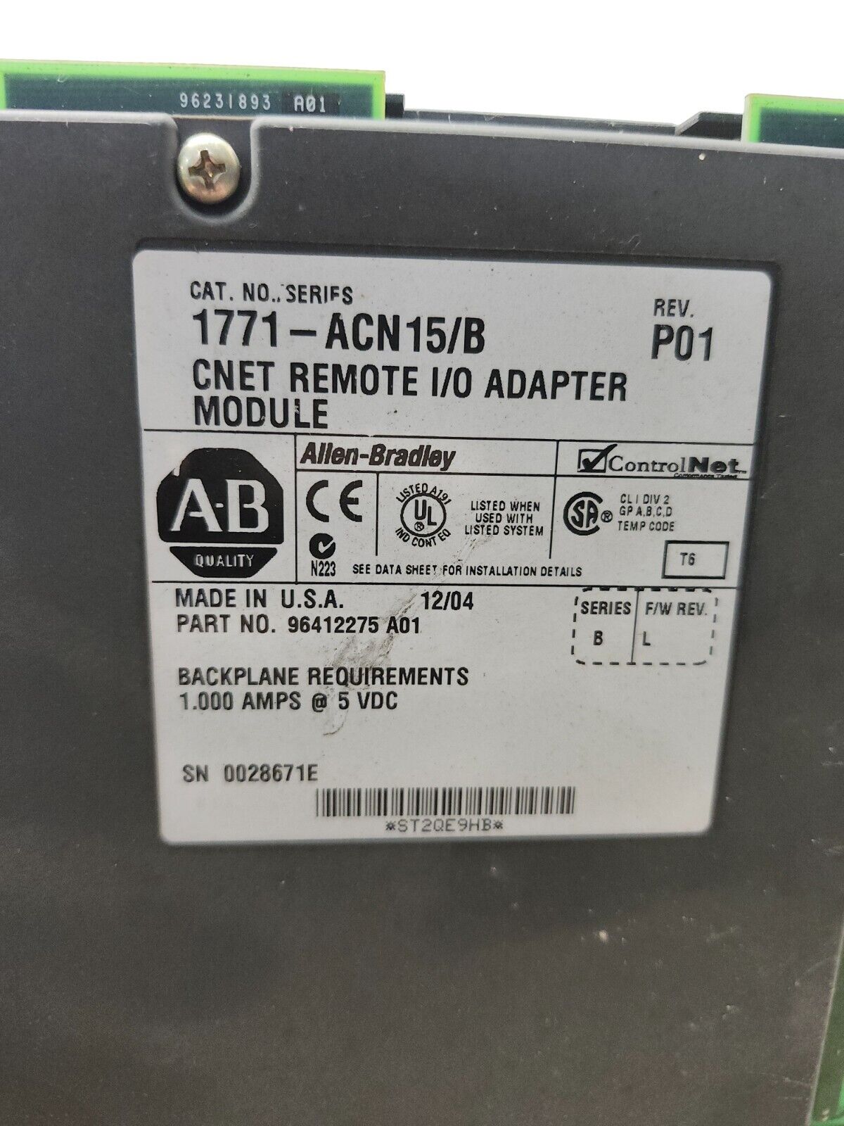 USED Allen Bradley CNET Remote I/O adapter 1771-ACN15 /B