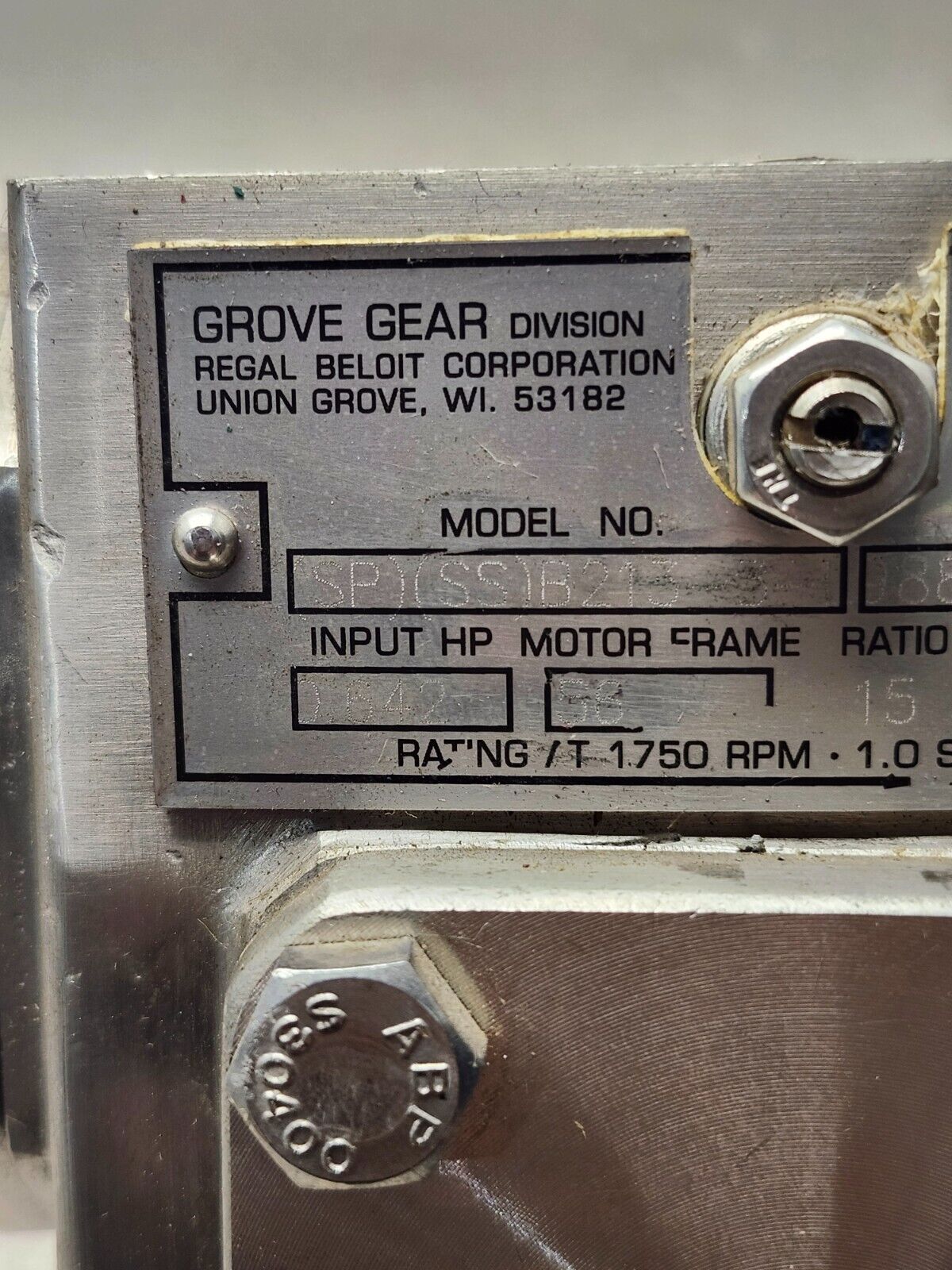 NEW NO BOX GROVE GEAR Stainless steel MOTOR RATIO 15:1, .642HP (SP) (SS)B213