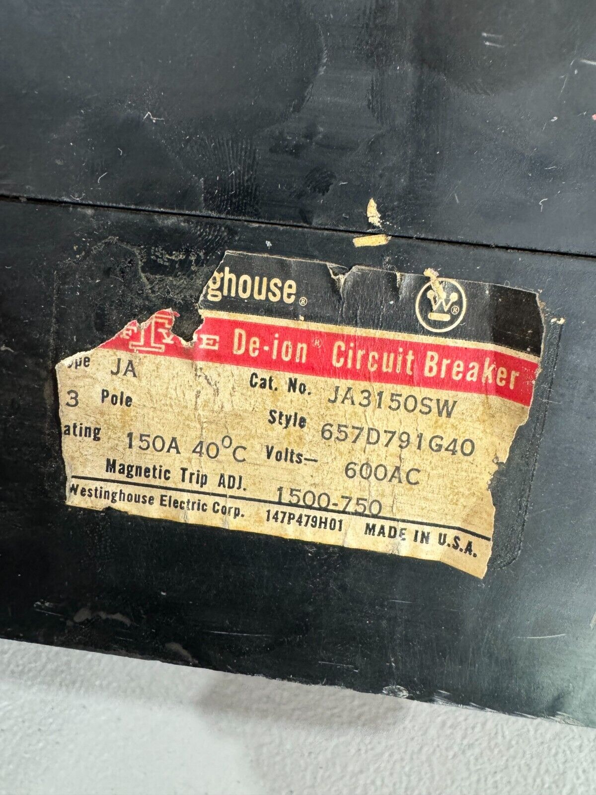 USED WESTINGHOUSE DE-ION CIRCUIT BREAKER 3 POLE 150AMP JA3150SW