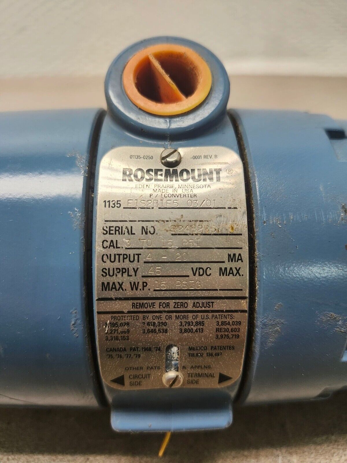 USED NO BOX Rosemount P/I Converter 3-15 PSI 45VDC 1135 F1S2B1E5