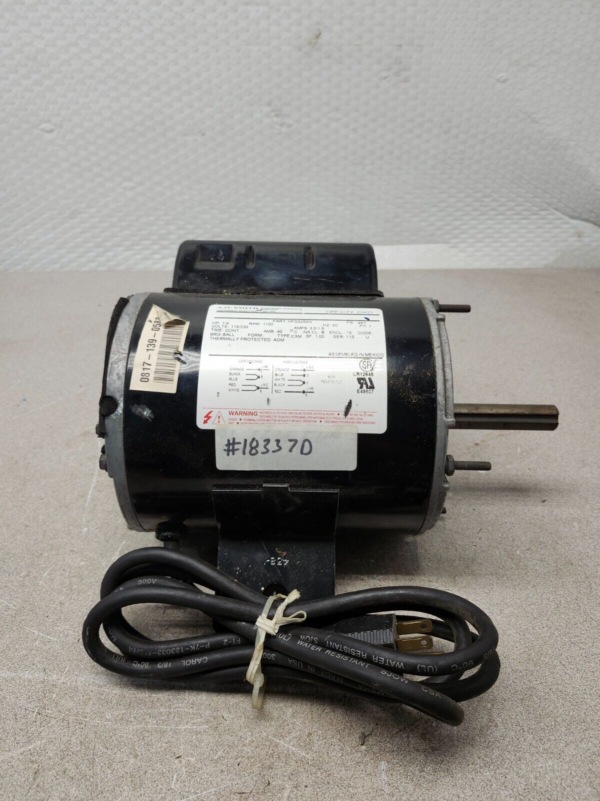 NEW NO BOX AO SMITH FAN MOTOR 1/4 Hp 115/230v 1100 Rpm HF3G250N