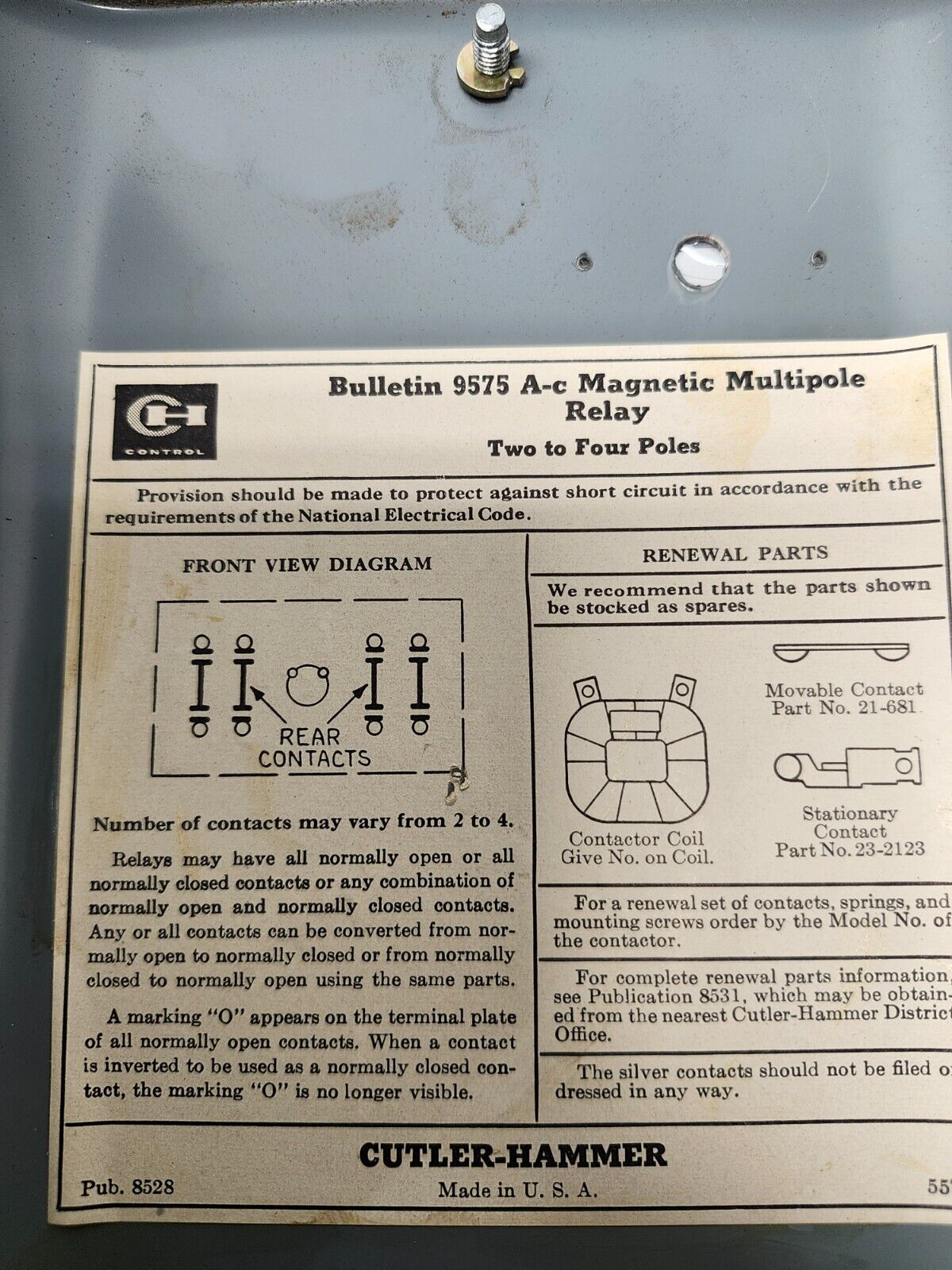 NEW NO BOX CUTLER HAMMER BULLETIN 9575 A-C MAGNETIC MUTIPOLE RELAY 9575H2029A