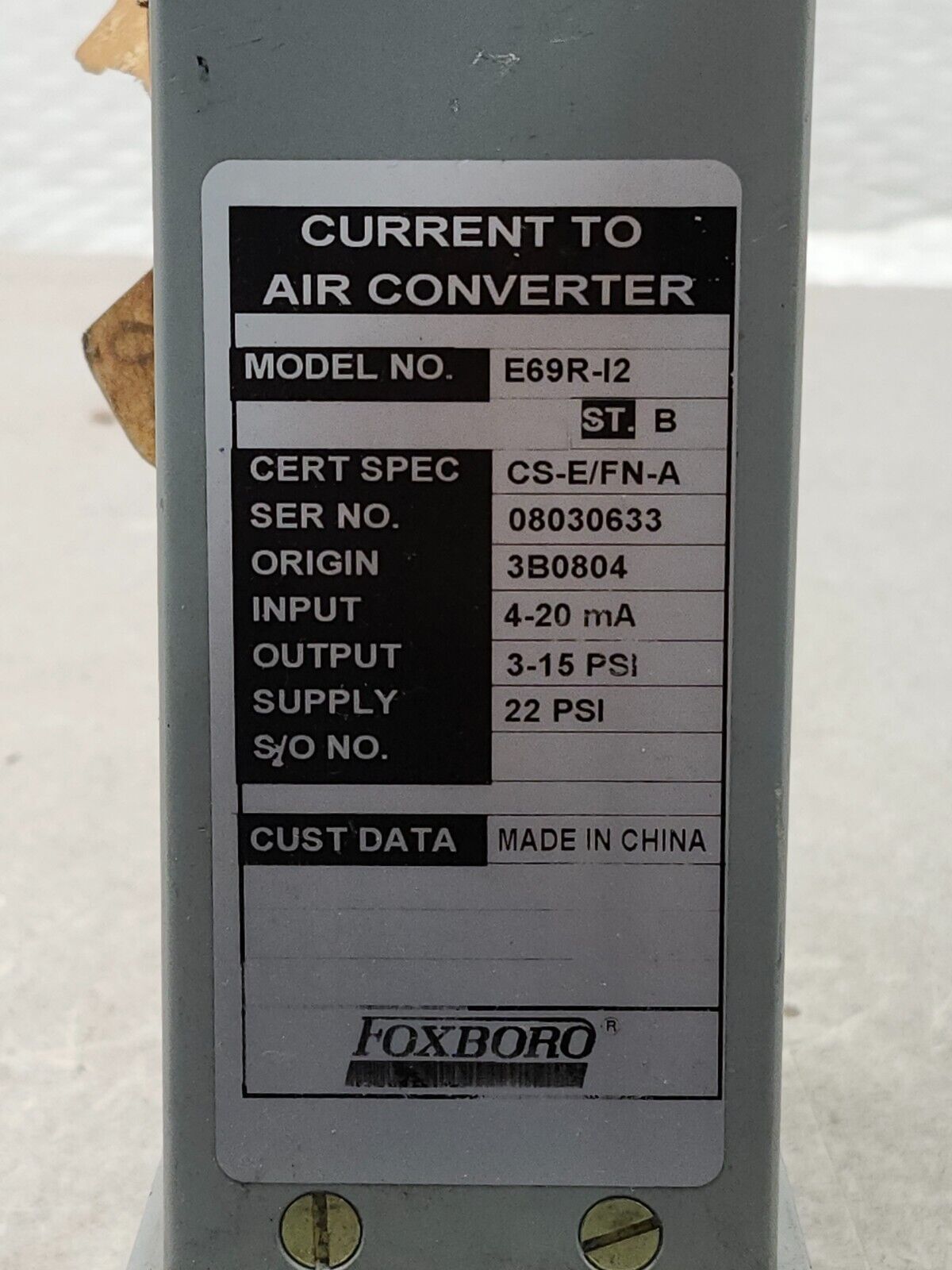 USED FOXBORO CURRENT TO AIR CONVERTER E69R-I2