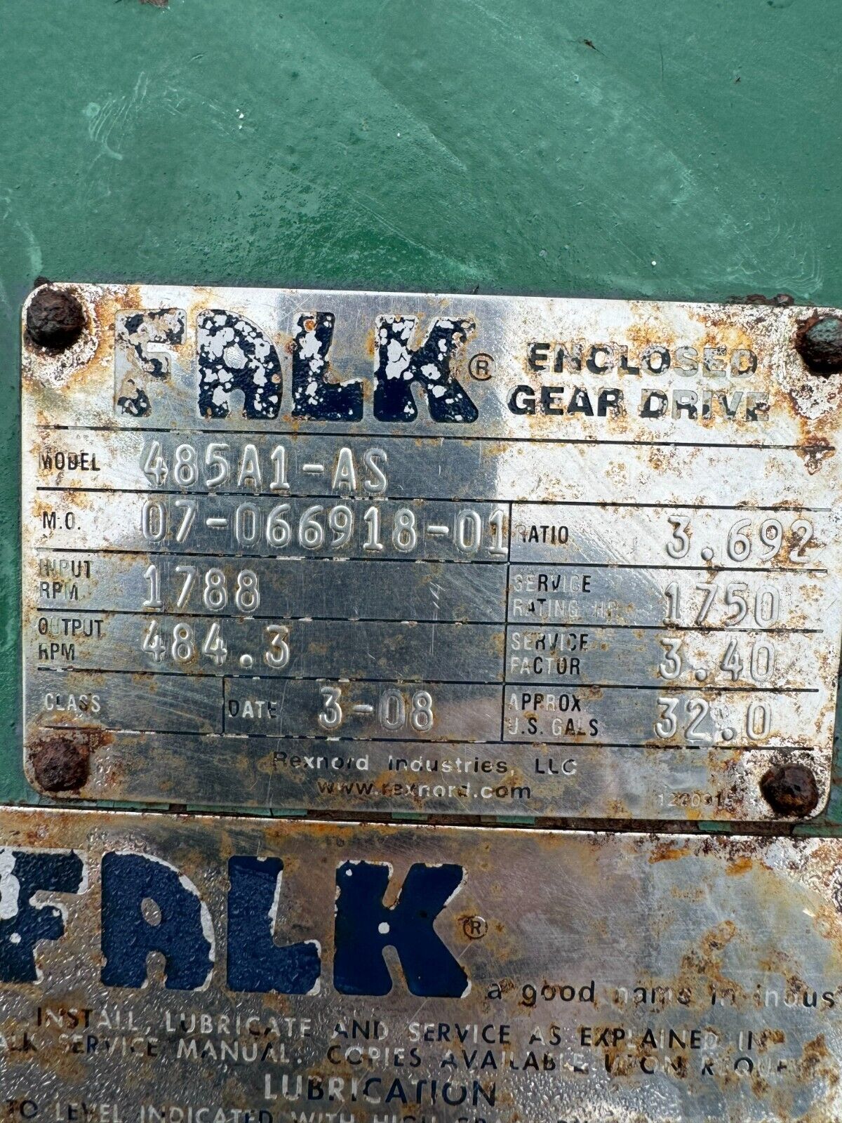 USED FALK ENCLOSED GEAR DRIVE SPEED REDUCER 3.692 RATIO 485A1-AS