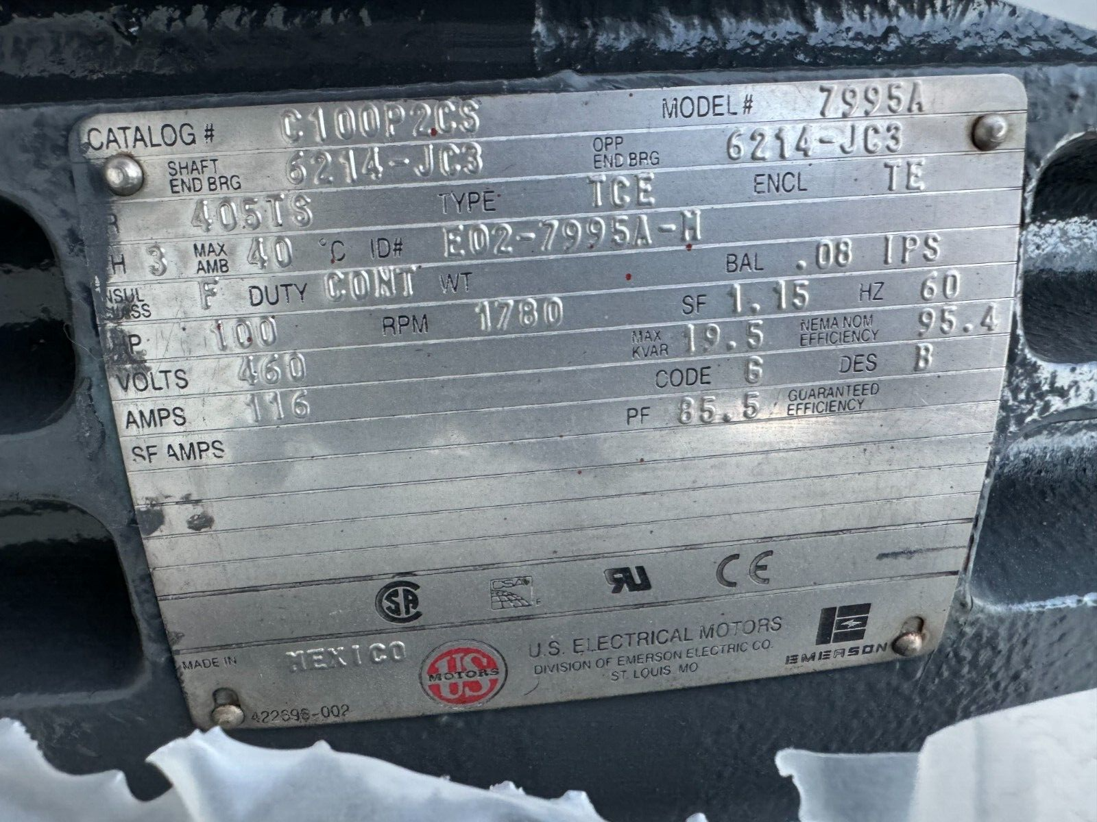 REBUILT US MOTORS 100HP 1780RPM ELECTRIC MOTOR 405TS FRAME 460V. C100P2CS 7995A