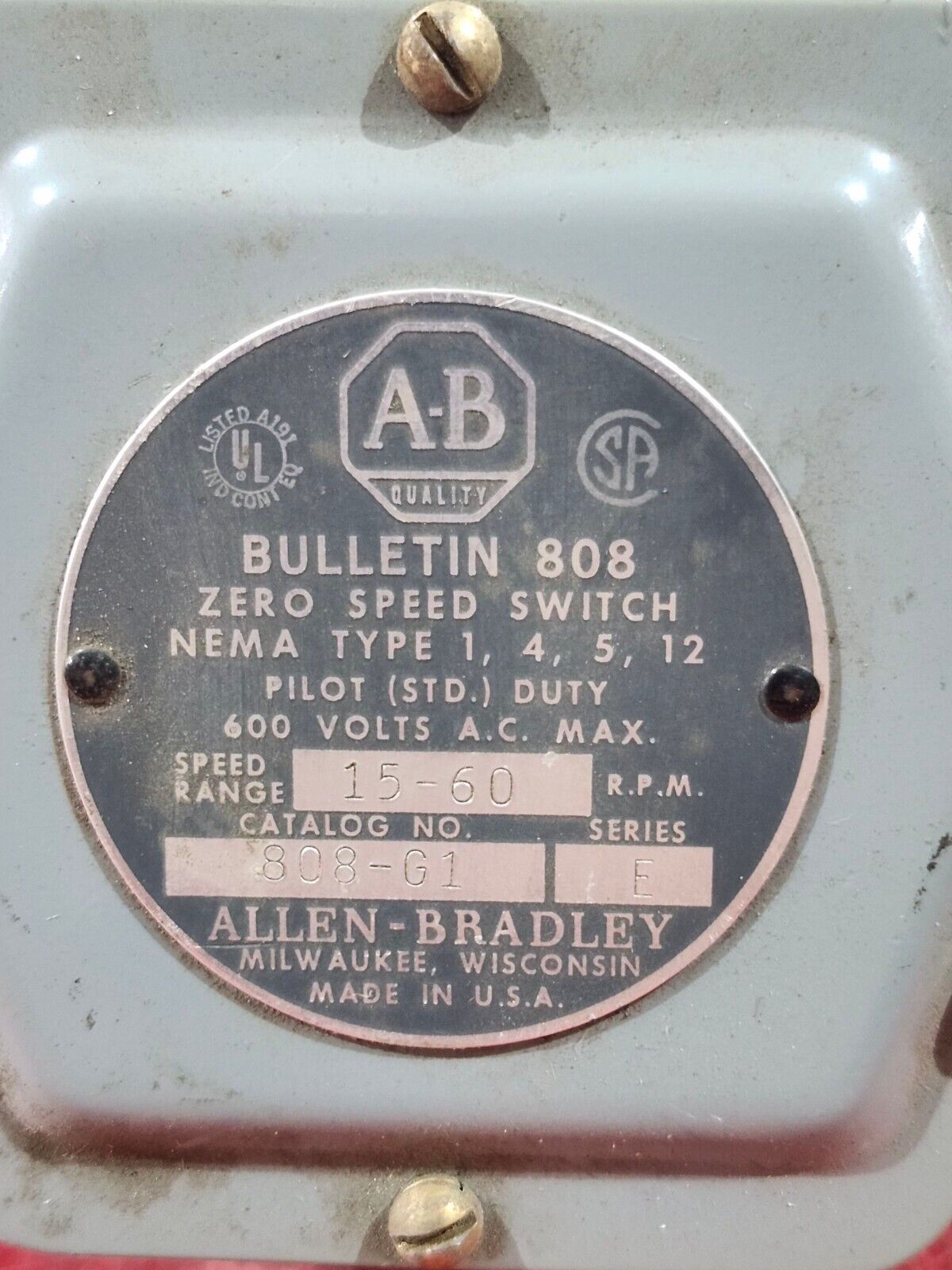 NEW NO BOX ALLEN BRADLEY ZERO SPEED SWITCH 808-G1 SER. F 15-60 RPM