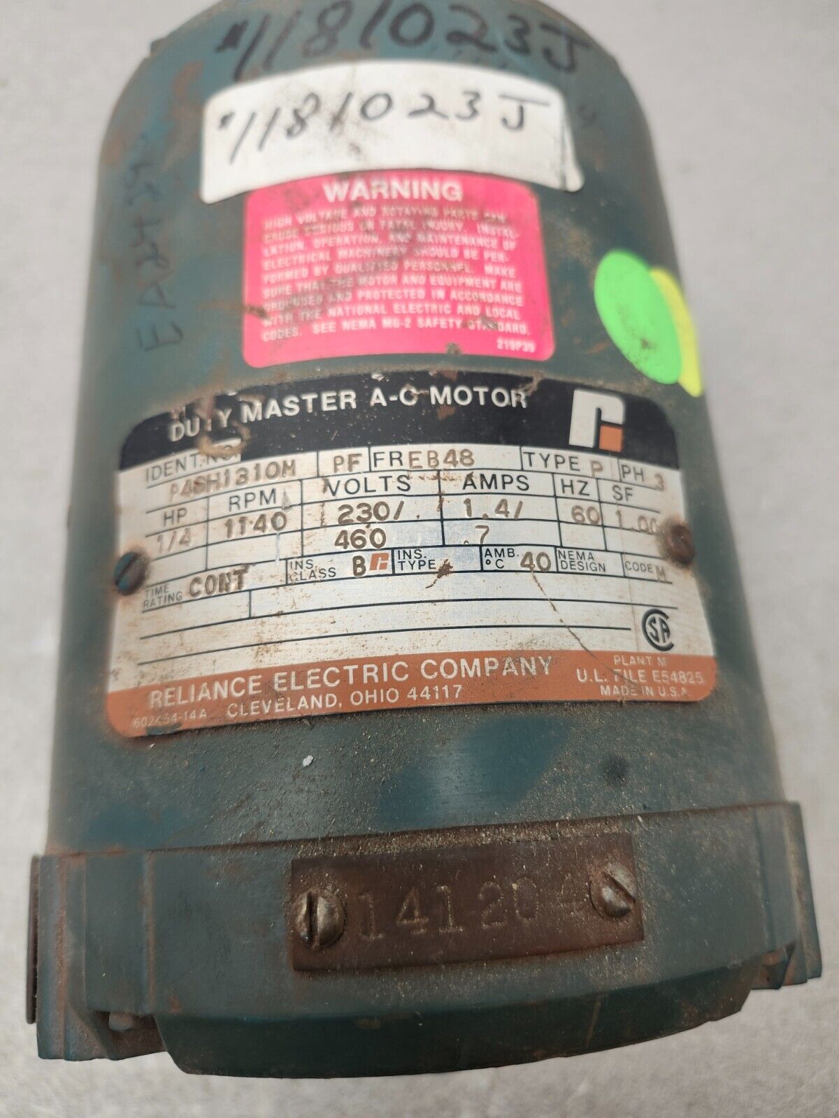 USED Reliance MOTOR HP 1/4, 230V, 60HZ, PH 3, 1140 RPM, P4SH1310M