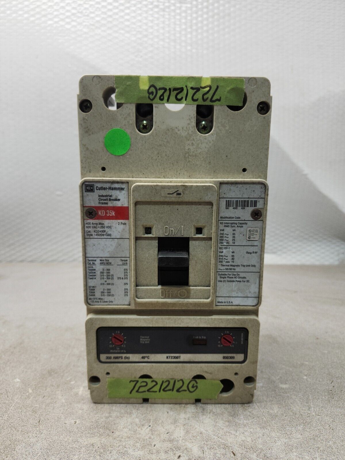 USED Cutler Hammer Circuit Breaker 400A 600VAC 2 Pole KD2400F