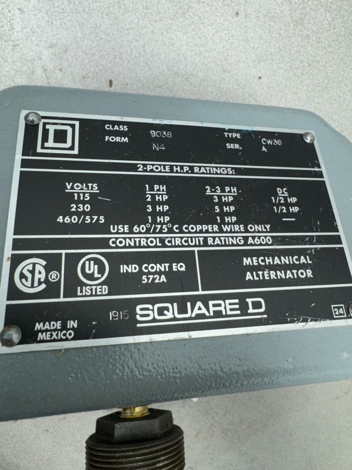 NEW NO BOX SQUARE D FLOAT SWITCH 9038 CW36 SERIES A FORM N4 *MISSING FLOAT*