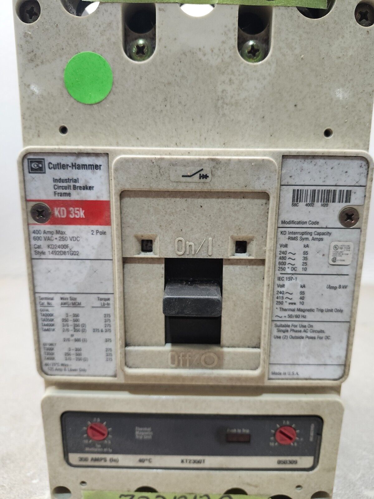 USED Cutler Hammer Circuit Breaker 400A 600VAC 2 Pole KD2400F