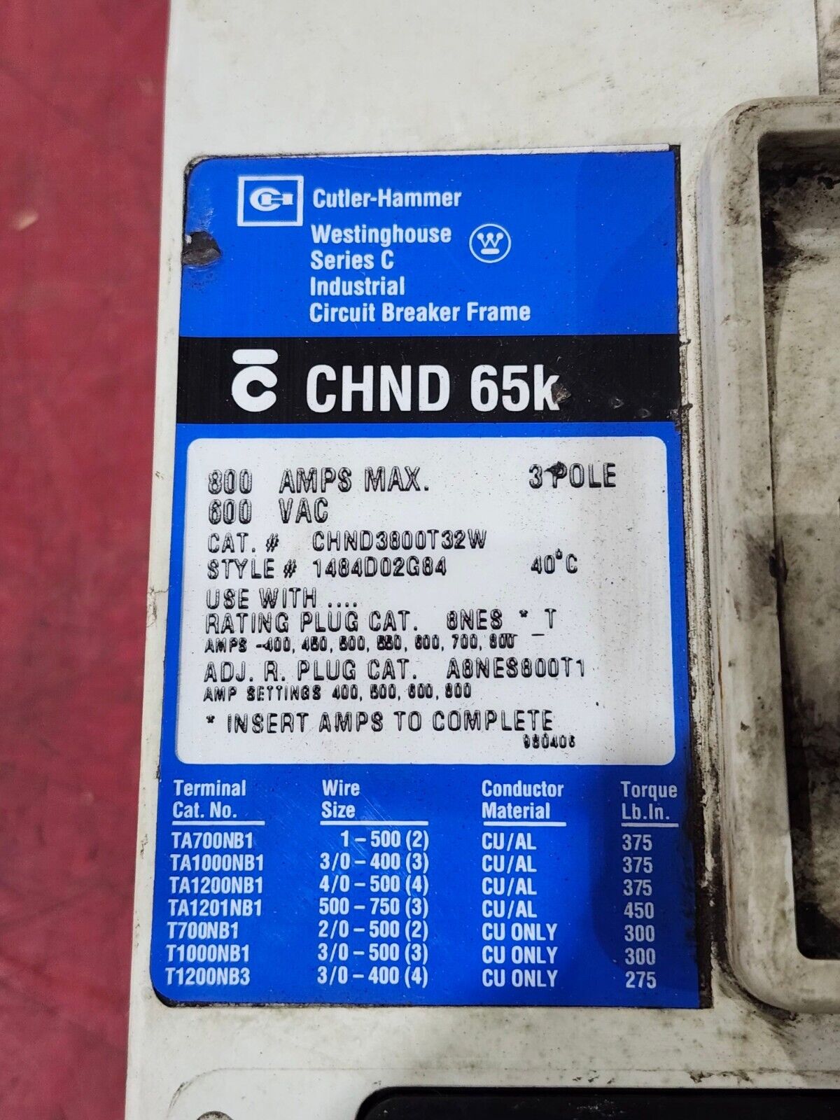 USED CUTLER-HAMMER 3 POLE 800AMP CIRCUIT BREAKER CHND3800T32W