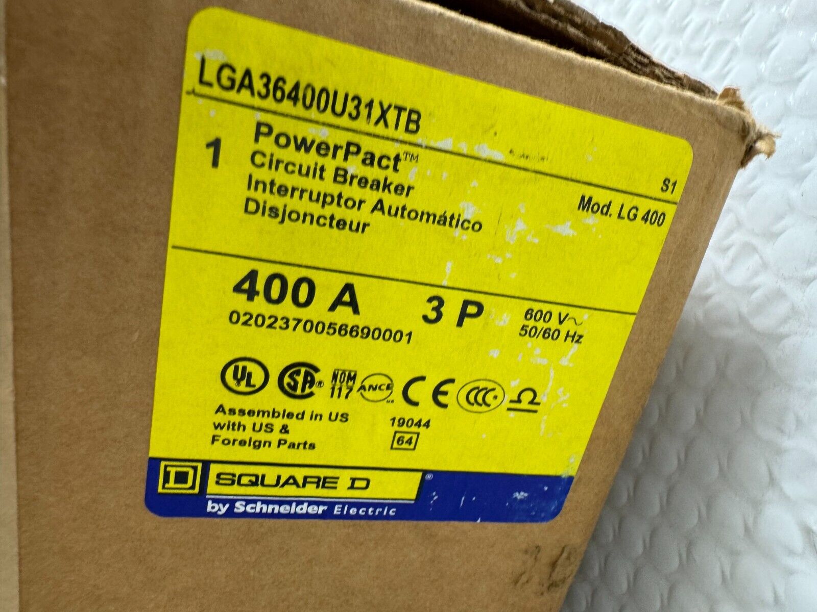 NEW IN BOX SQUARE D LD400 POWERPACT 3 POLE 400AMP CIRCUIT BREAKER LDA36400U31XTB