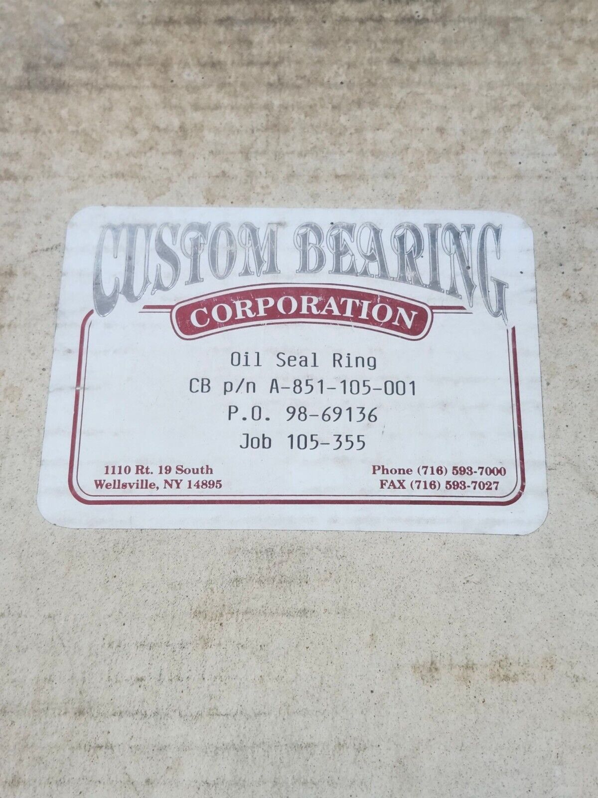 NEW IN BOX CUSTOM BEARING CORP. OIL SEAL RING A-851-105-001