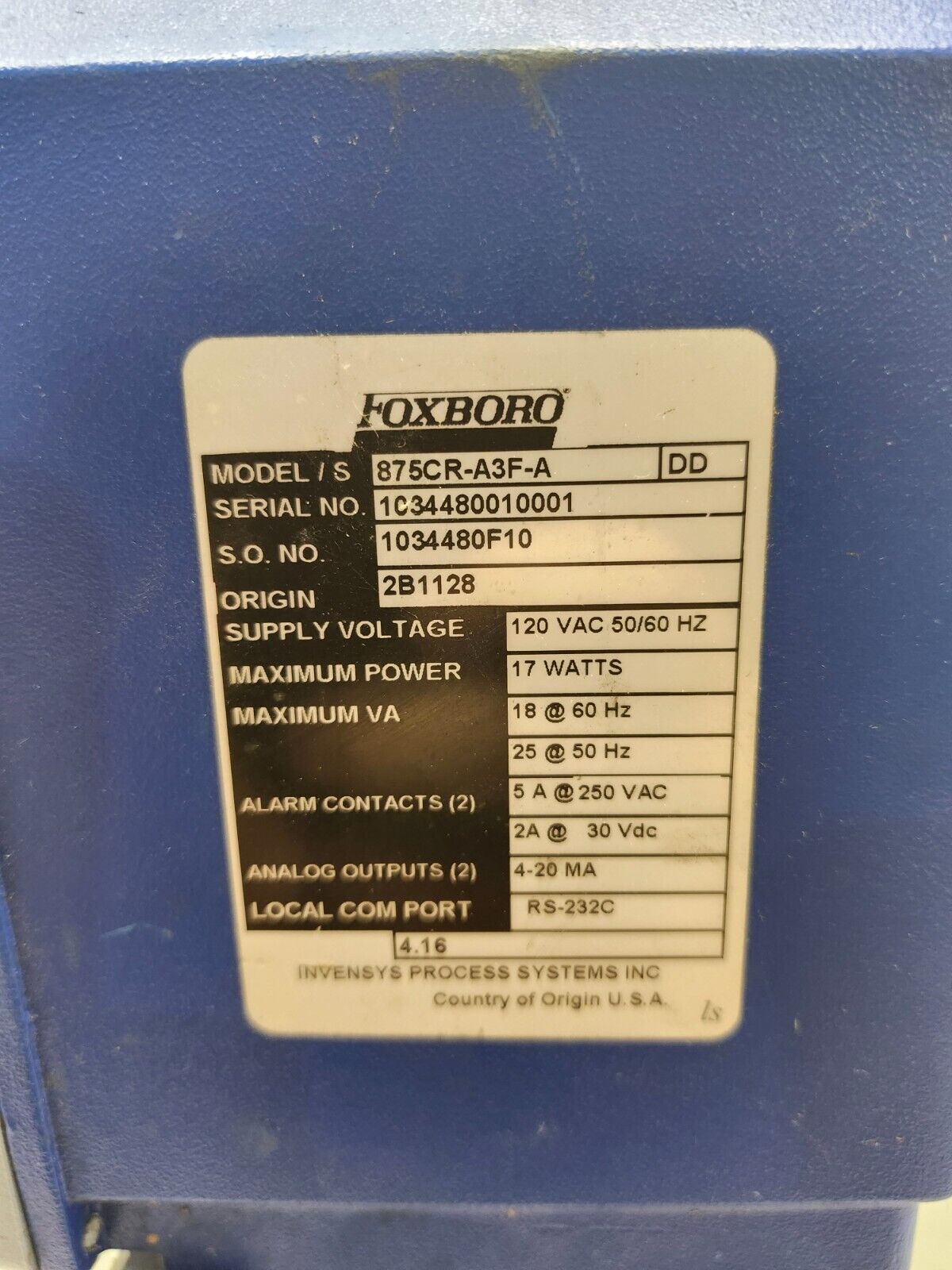 USED Foxboro Electrochemical Intelligent Analyzer Transmitter 875CR-A3F-A