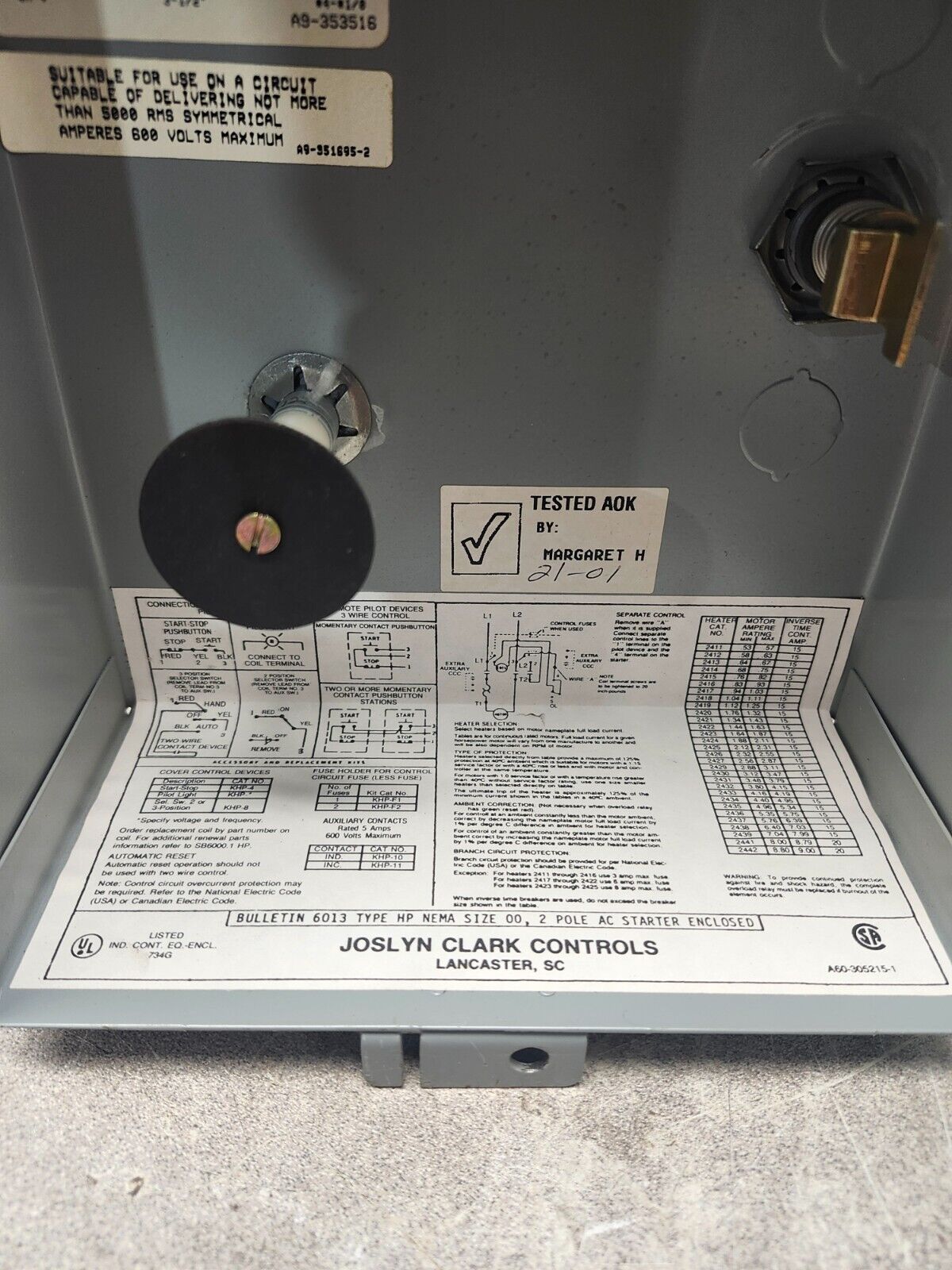 NEW JOSLYN CLARK Single Phase Starter Contactor Size 00 W/ ENCLOSED HP02U02