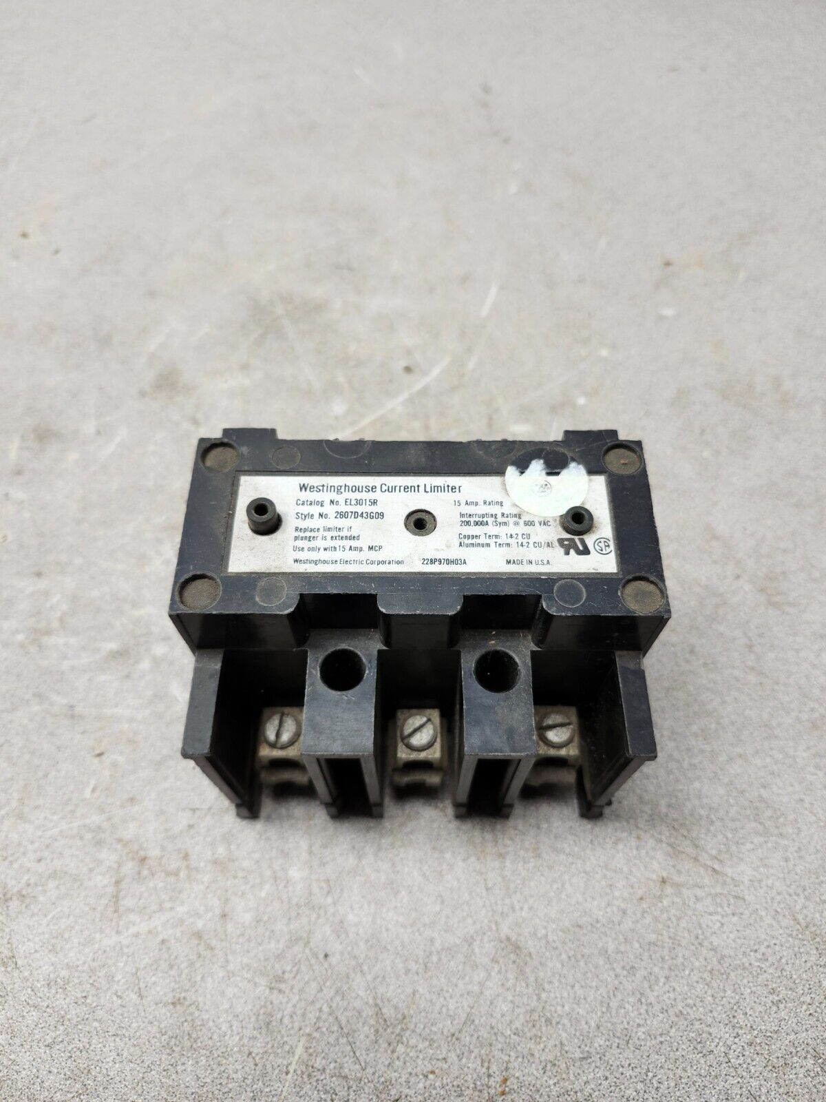 USED Westinghouse Current Limiter 15A 3-Pole 600VAC EL3015R
