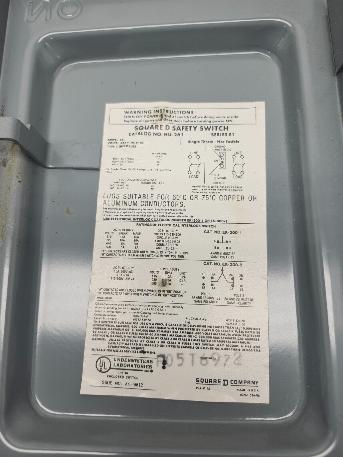 NEW SQUARE D SER E1 SAFETY SWITCH 30AMP 600V HU-261