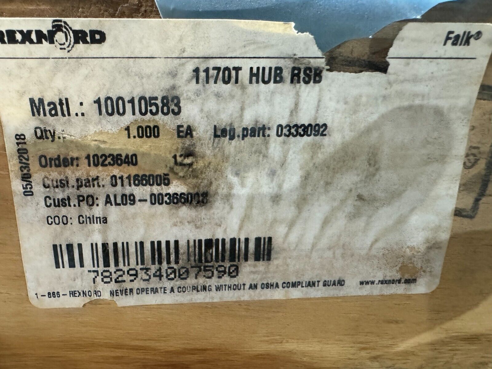 NEW FALK 1170T HUB RSB REXNORD 10010583 LEG. PART: 0333092