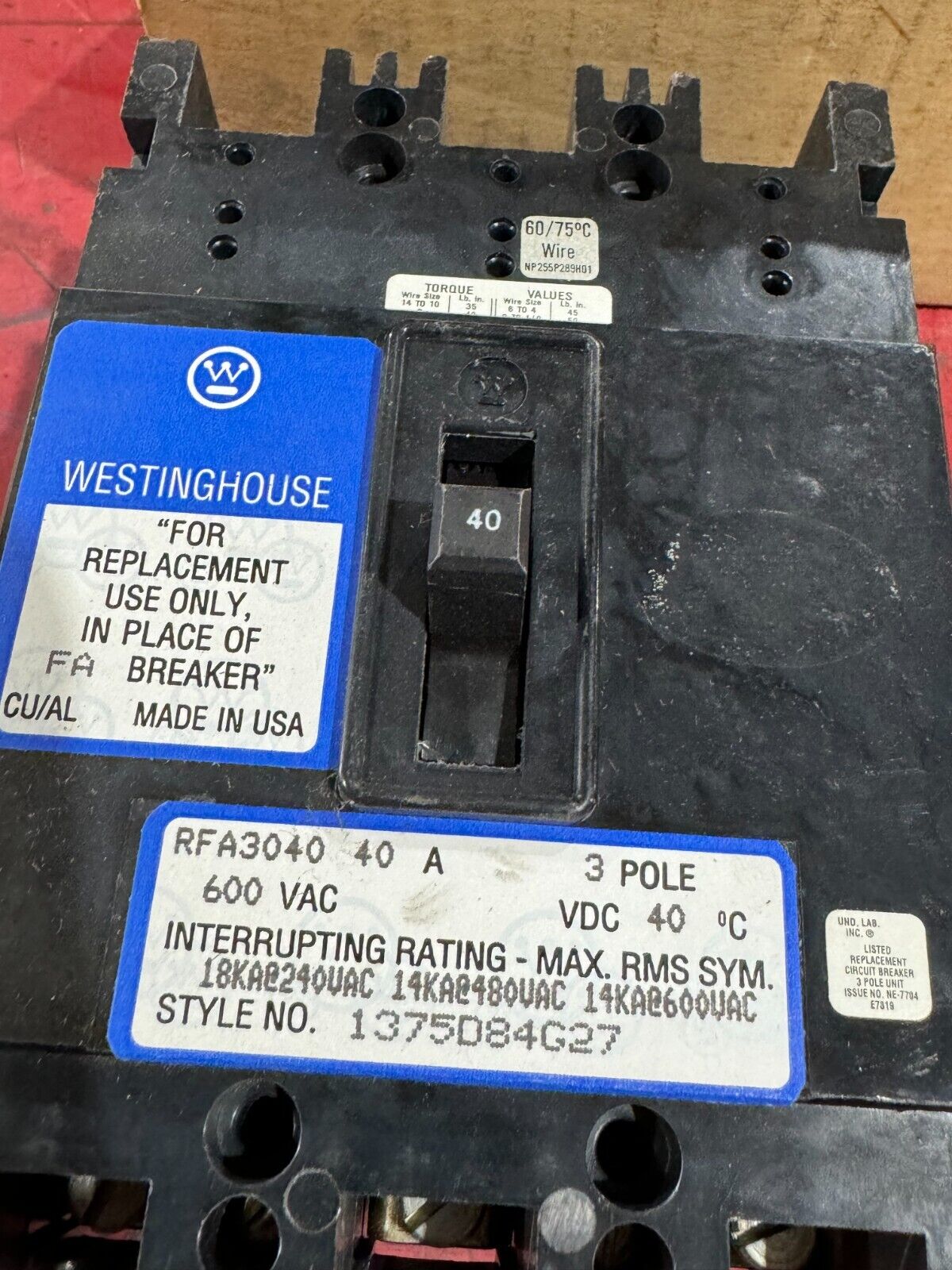 NEW IN BOX WESTINGHOUSE 3 POLE 600VAC. 40AMP CIRCUIT BREAKER RFA3040