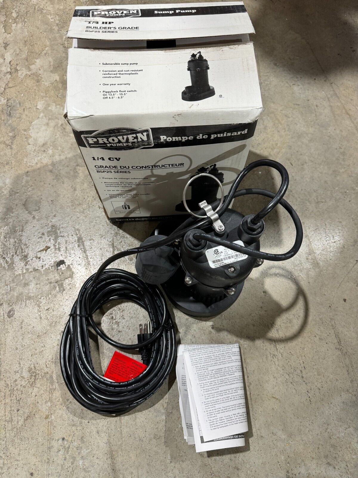 NEW PROVEN PUMPS 115V. SUMP PUMP 1/4HP 1-1/2" DISCHARGE BSP25T