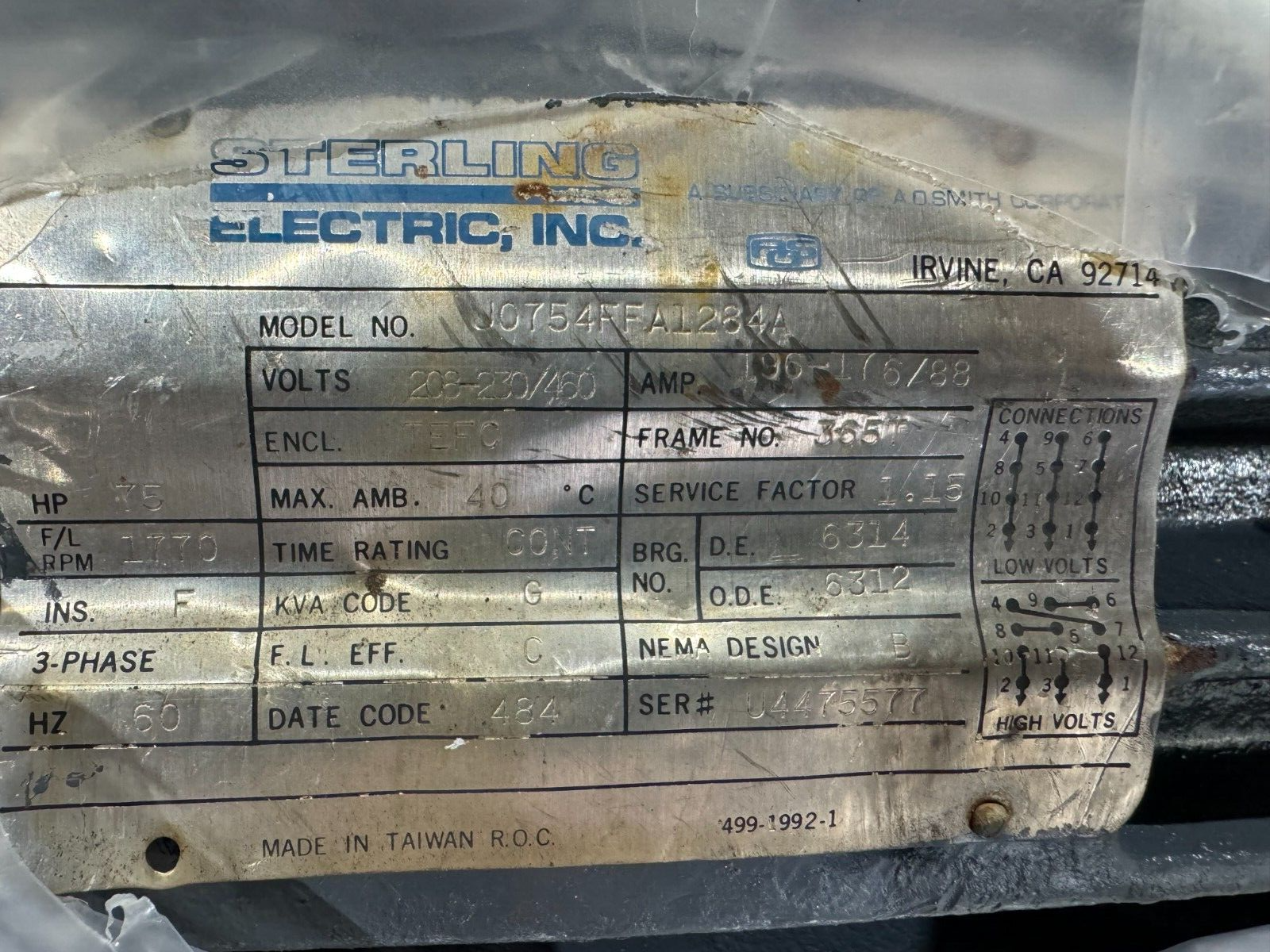 STERLING ELECTRIC 75HP 1770 RPM MOTOR 365T FRAME 208-230/460V. J0754FFA1284A