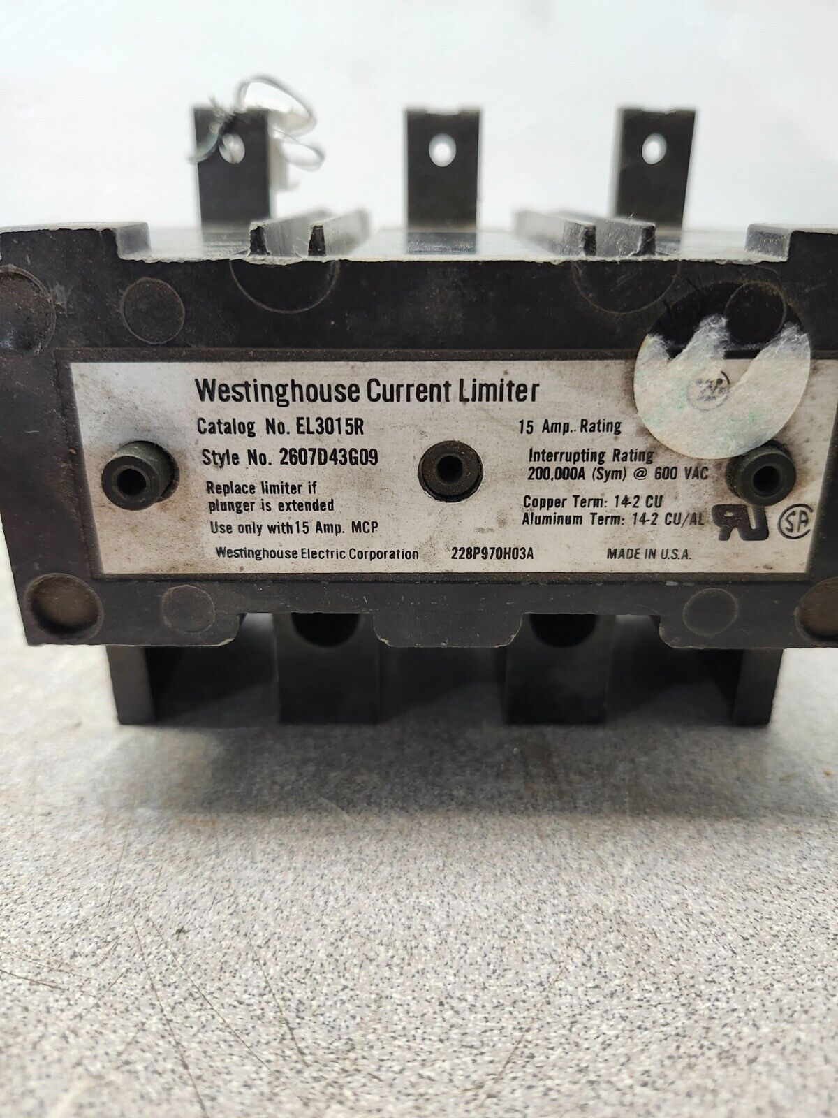 USED Westinghouse Current Limiter 15A 3-Pole 600VAC EL3015R