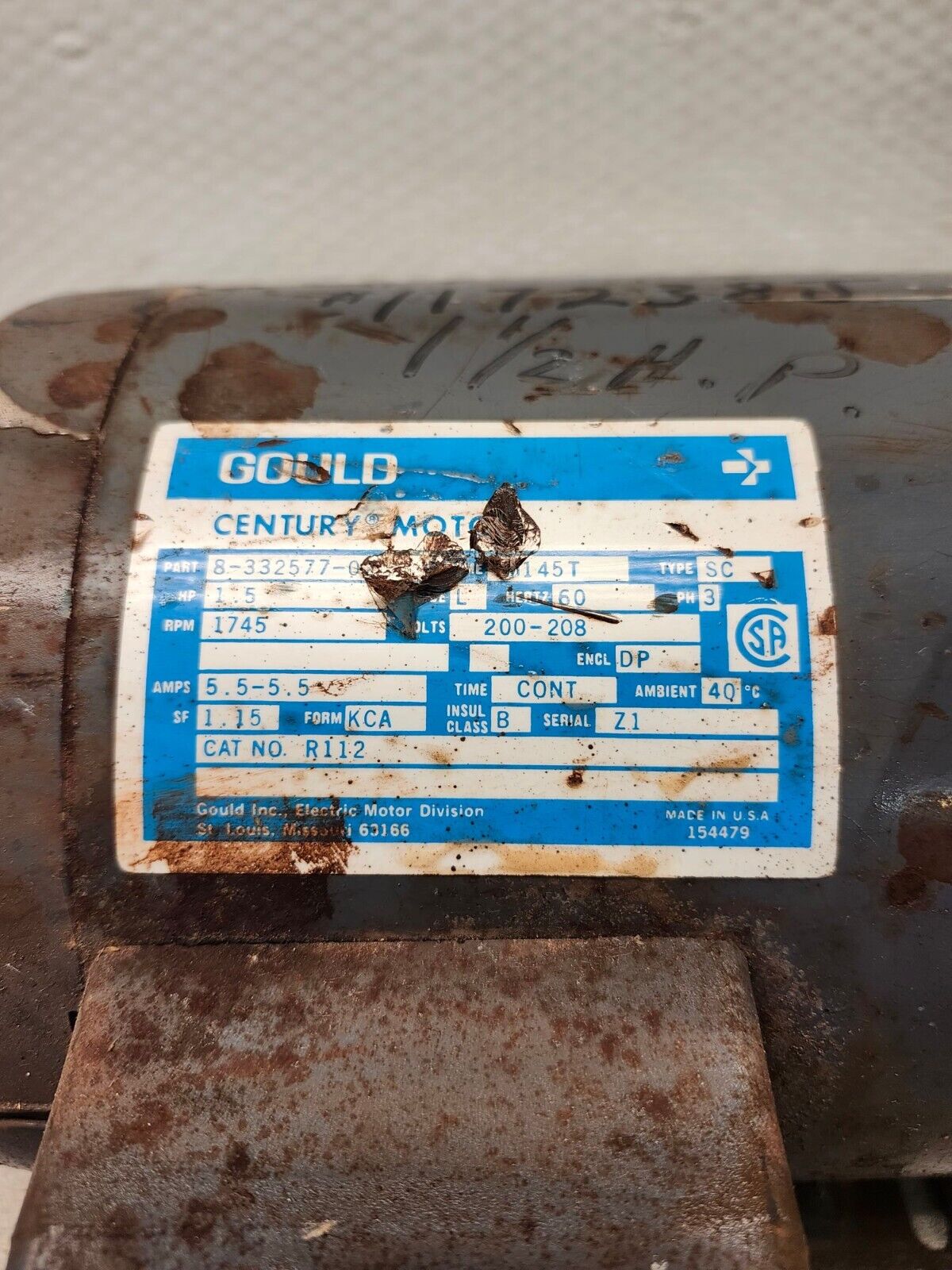 USED Gould Century MOTOR 200-208v 1.5hp 8-332577-02