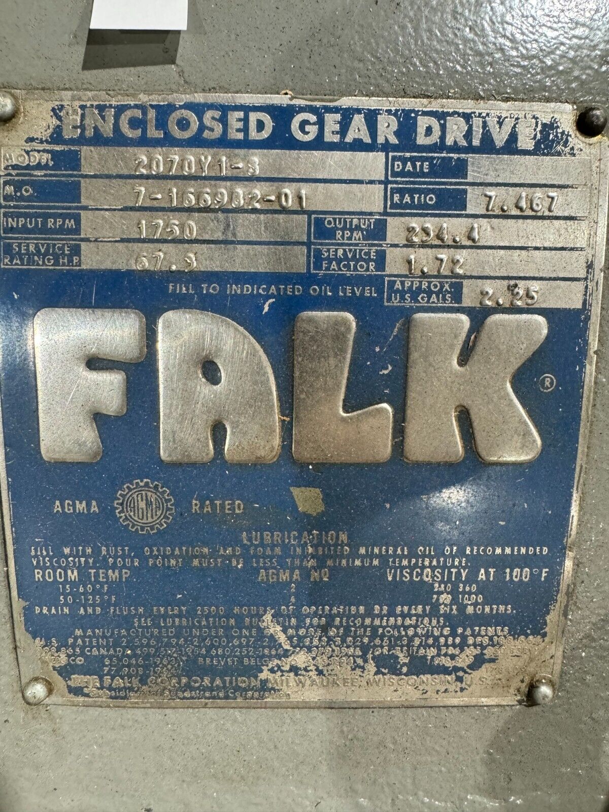 REBUILT FALK ENCLOSED GEAR DRIVE SPEED REDUCER 7.467 RATIO 2070Y1-S