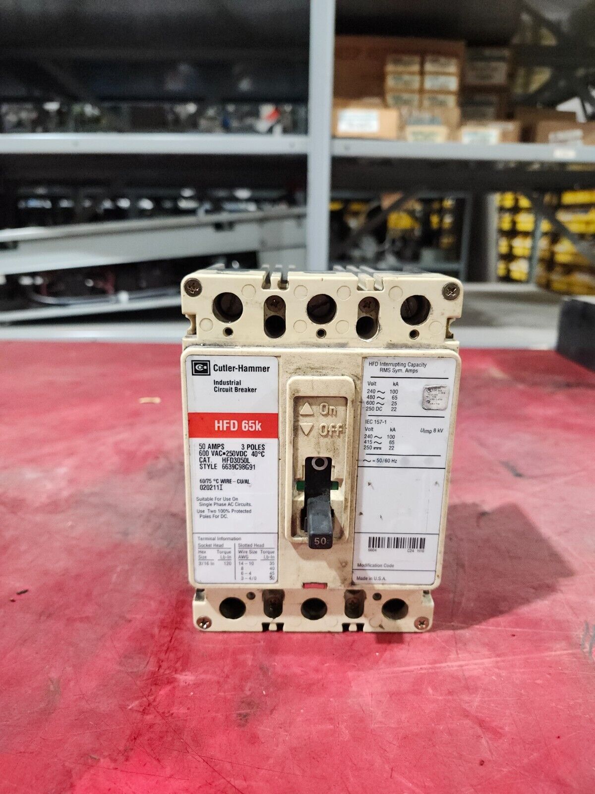 USED CUTLER-HAMMER CIRCUIT BREAKER 50 AMPS 3POLES 600VAC HFD3050L