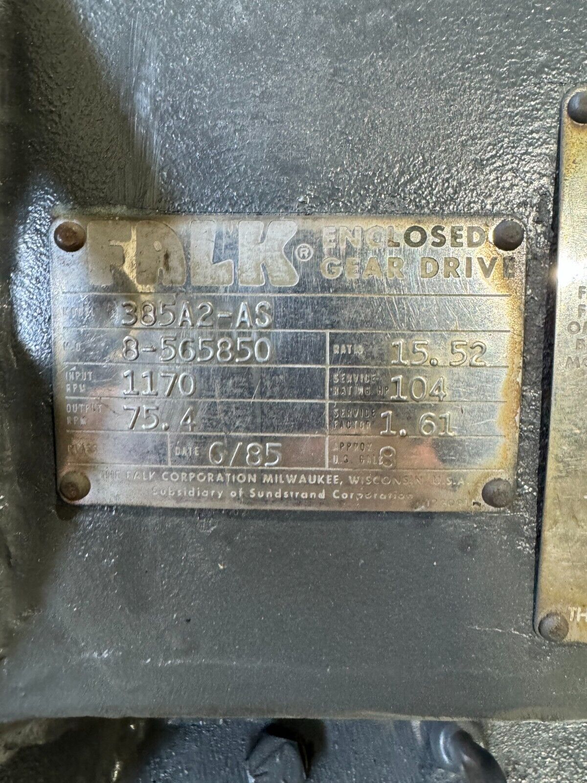 REBUILT FALK ENCLOSED GEAR DRIVE SPEED REDUCER 15.52 RATIO 385A2-AS