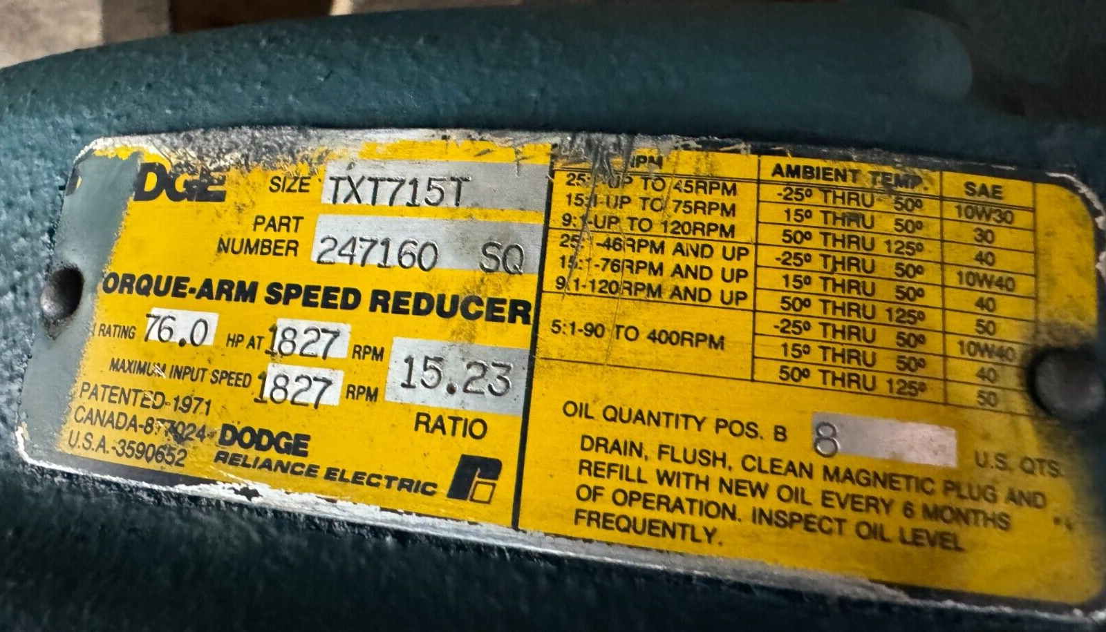 DODGE TAPER BORE SIZE 7 SHAFT MOUNT GEAR REDUCER 15.23 RATIO TXT715T 247160