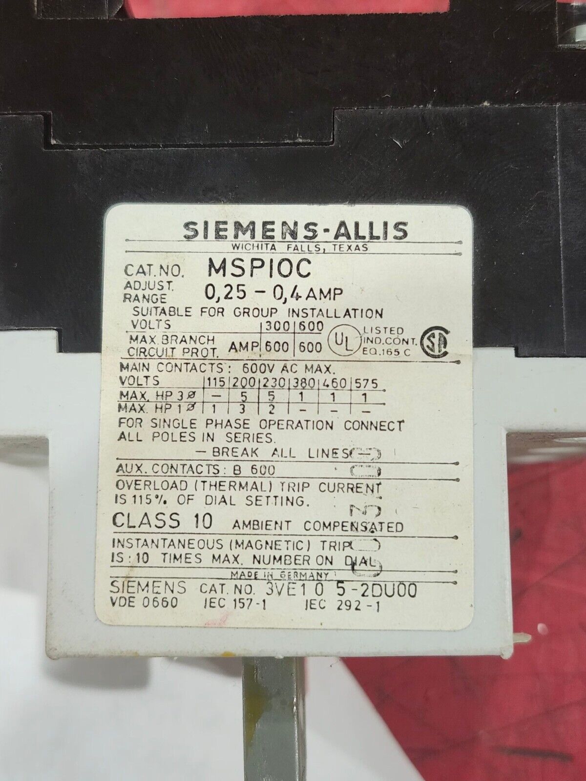 USED SIEMENS MANUAL MOTOR PROTECTOR MSP10C