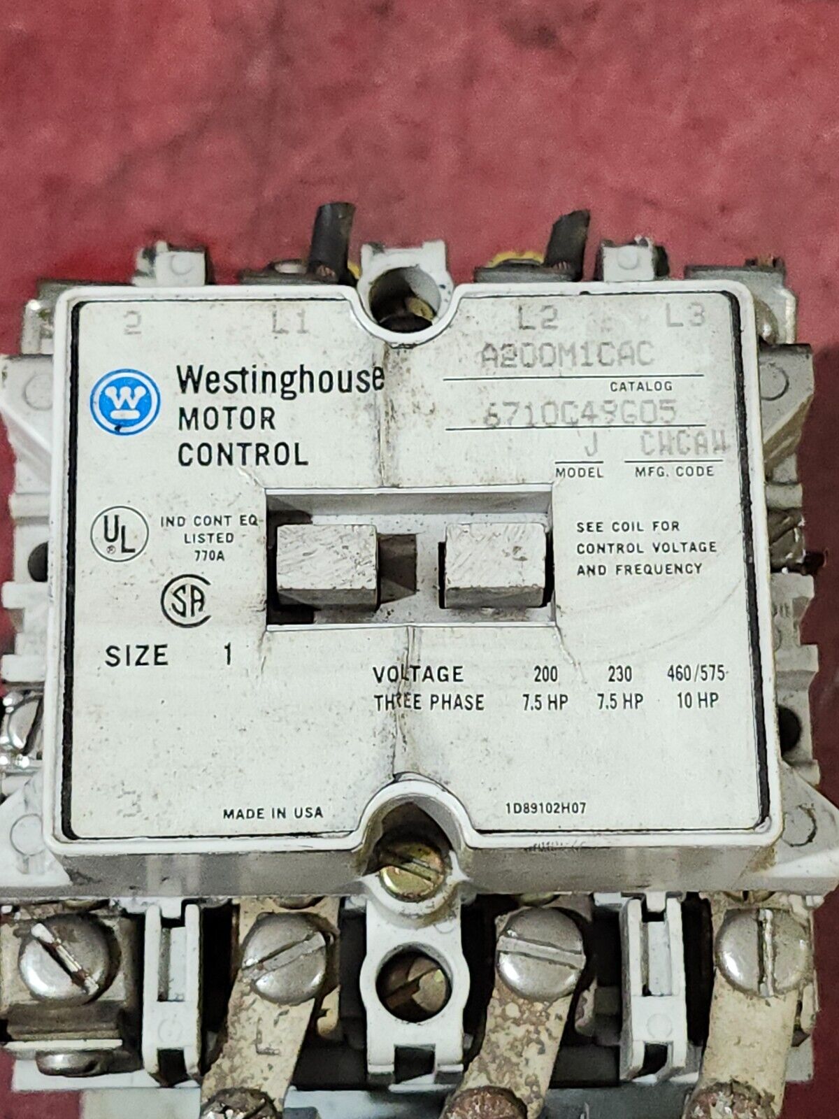 USED WESTINGHOUSE MOTOR CONTROL Size 1 A200M1CAC