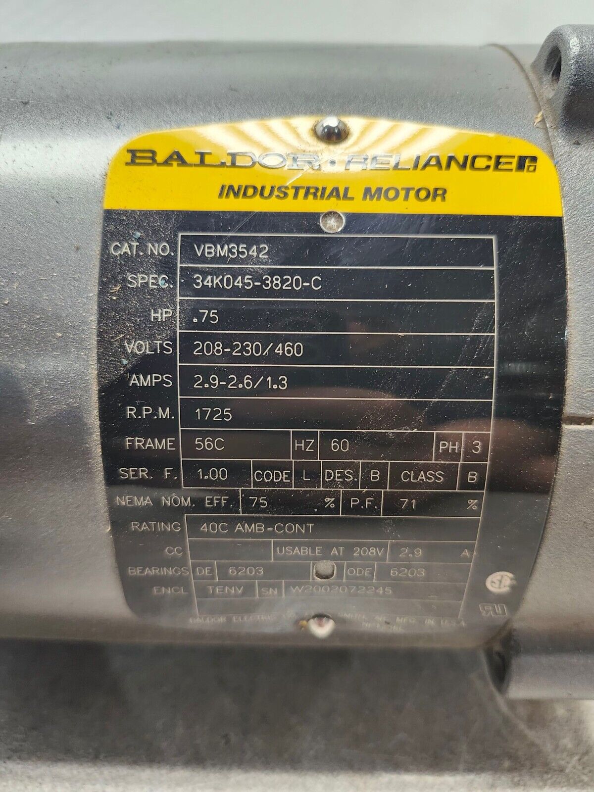 NEW IN BOX ABB MOTOR .75HP,1725RPM,3PH,60HZ,56C VBM3542