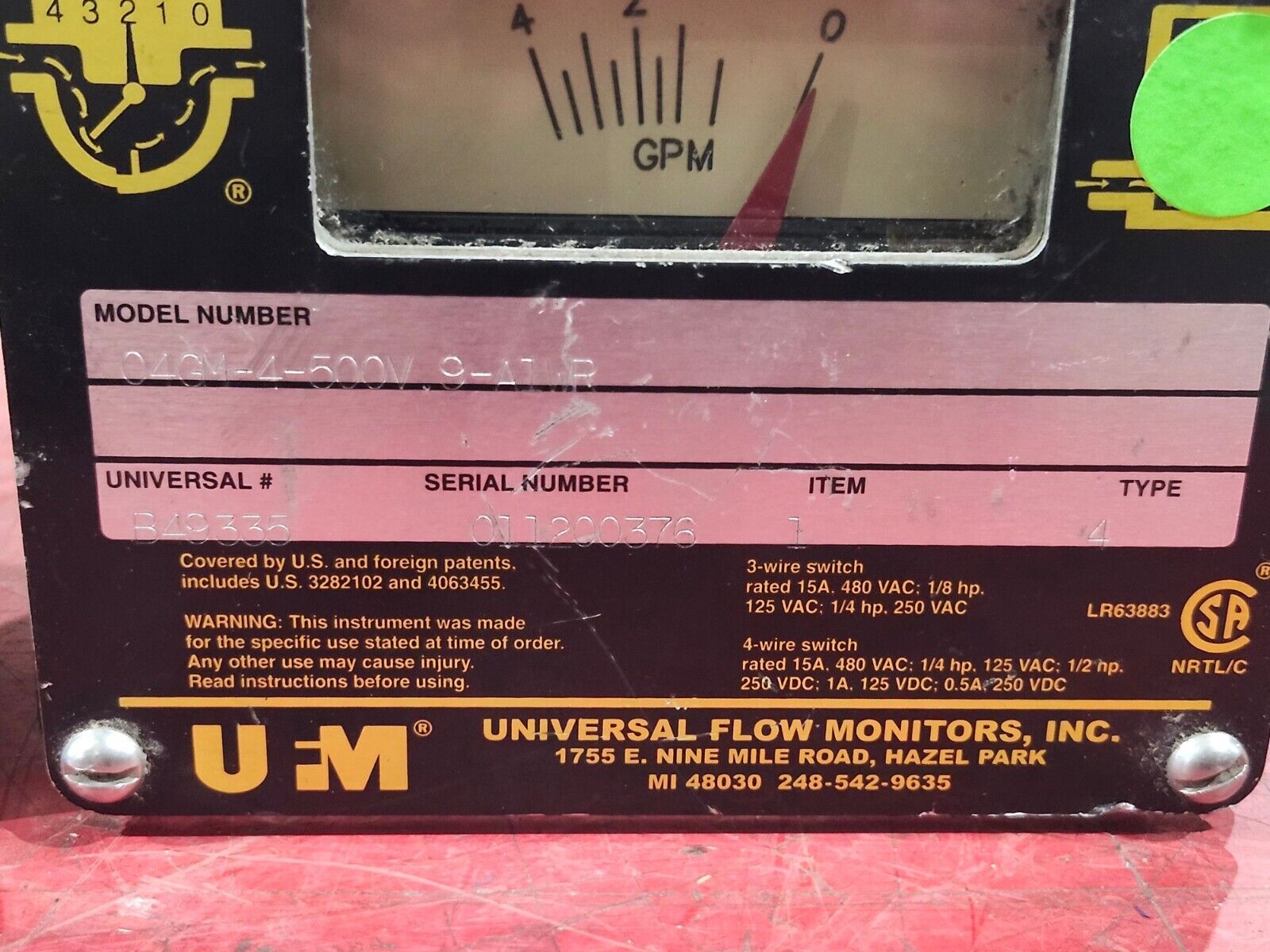 NEW NO BOX UFM UNIVERSAL FLOW MONITOR 04GM-4-500V.9-A1WR