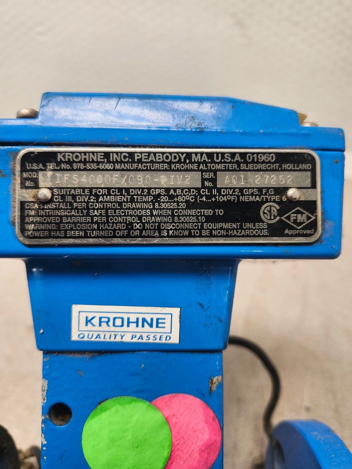 USED KROHNE MAGNETIC FLOWMETER 2" ALTOMETER IFS4000 150 PSI 4000 F/6