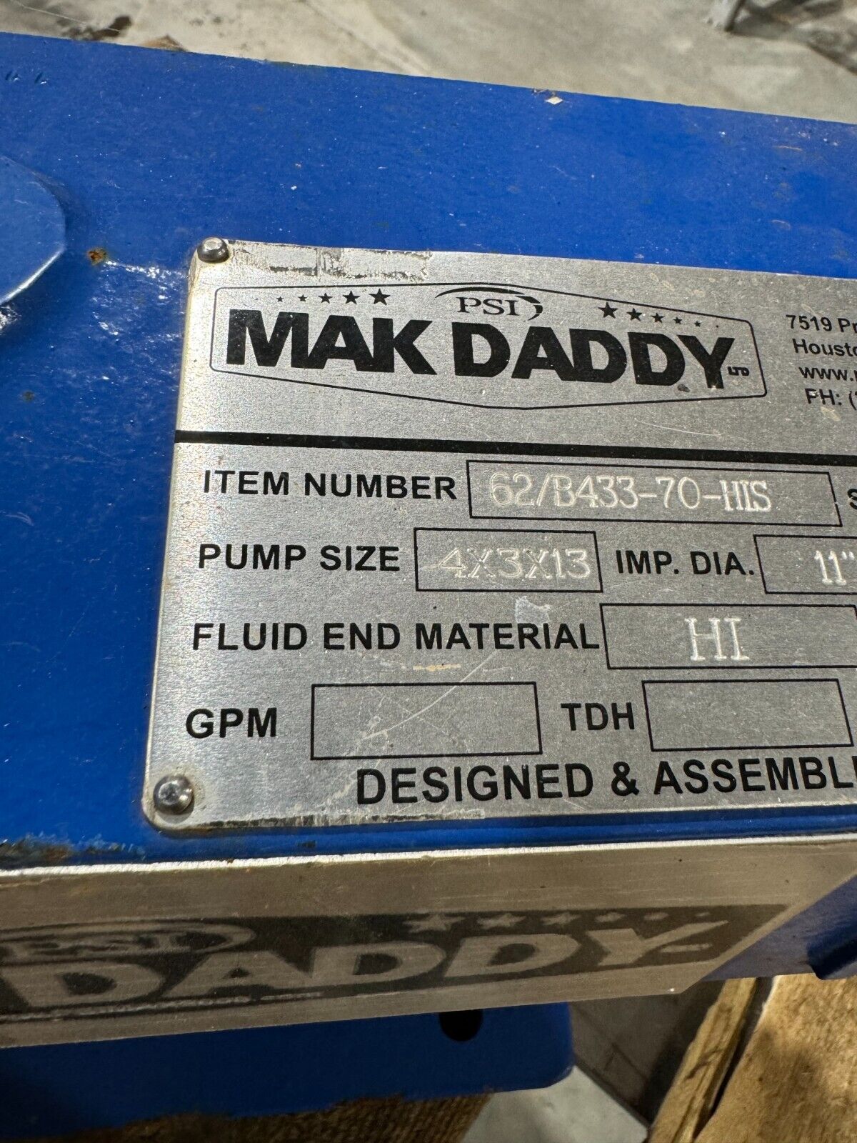 NEW MAK DADDY 4X3X13 PUMP IMP. DIA. 11" MATERIAL HI ITEM 62/B433-70-HIS PUMP