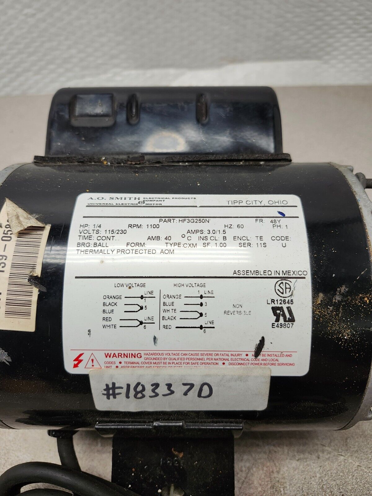 NEW NO BOX AO SMITH FAN MOTOR 1/4 Hp 115/230v 1100 Rpm HF3G250N