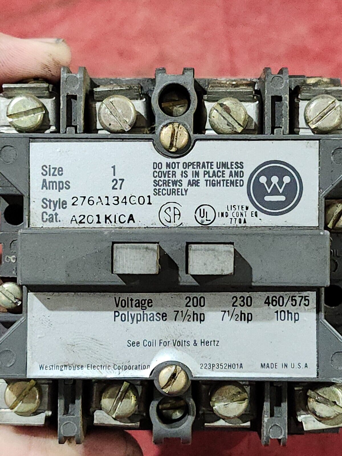 USED Westinghouse Motor Contactor SIZE 1, 27AMPS, A201KICA