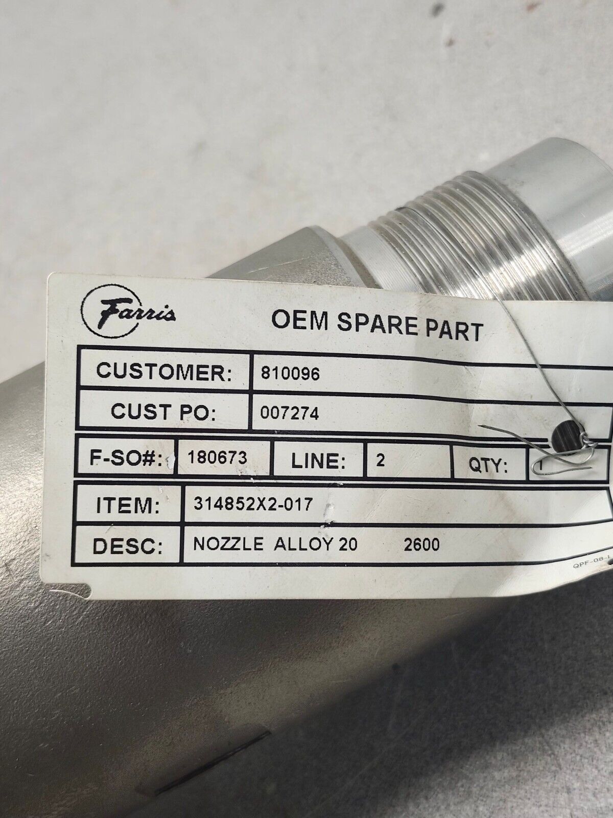 NEW NO BOX FARRIS NOZZLE ALLOY 20 314852X2-017