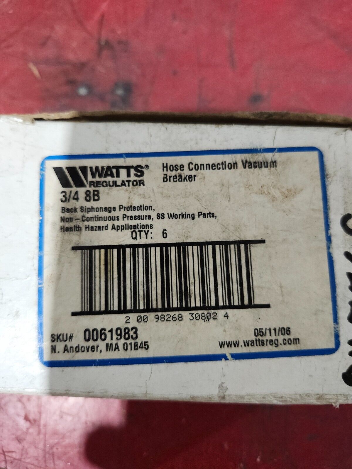 NEW IN BOX LOT OF 6 WATTS REGULATOR HOSE CONNECTION VACUUM BREAKER 3/4 8B