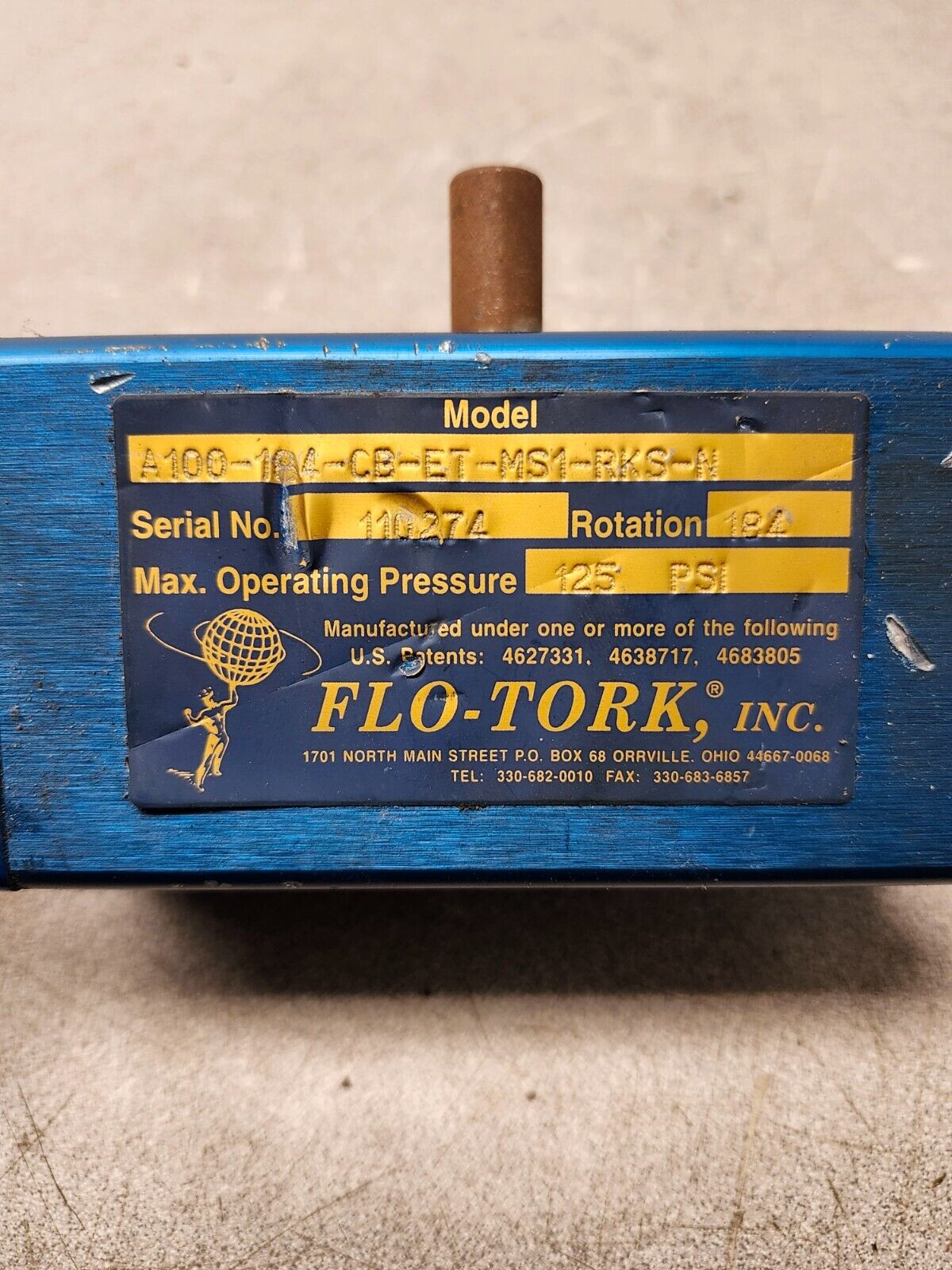 NEW NO BOX Flo-Tork Actuator 184 degree Rotation 125PSI A100-184-CL-AR-ET-MS1-RK