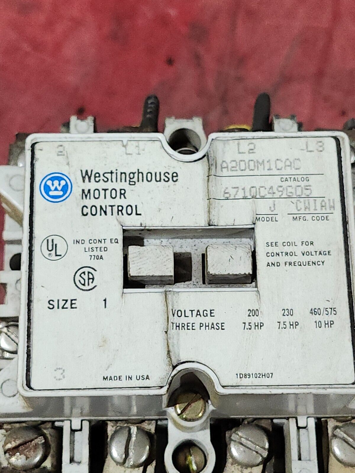 USED WESTINGHOUSE Motor Contactor A200M1CAC W/ THERMAL RELAY BA13A