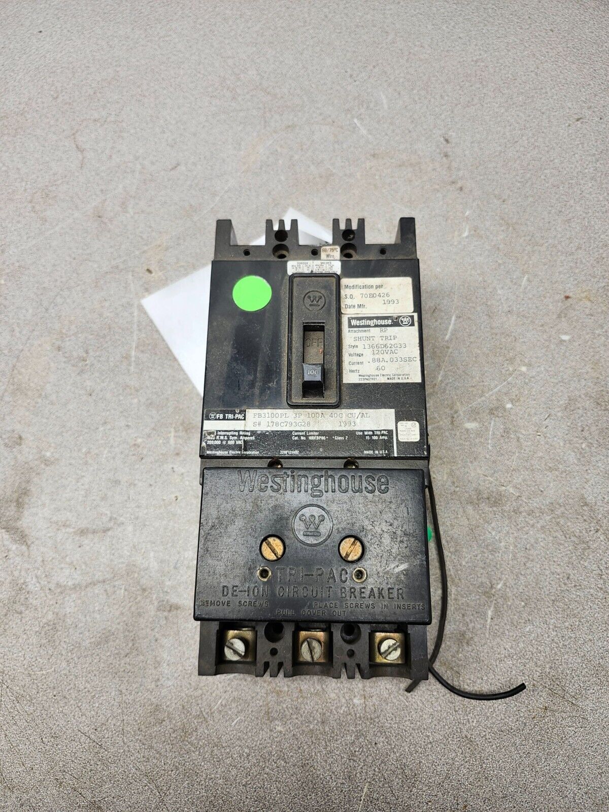 USED Westinghouse Circuit Breaker, 100 amp, 3 poles, 600VAC FB3100PL