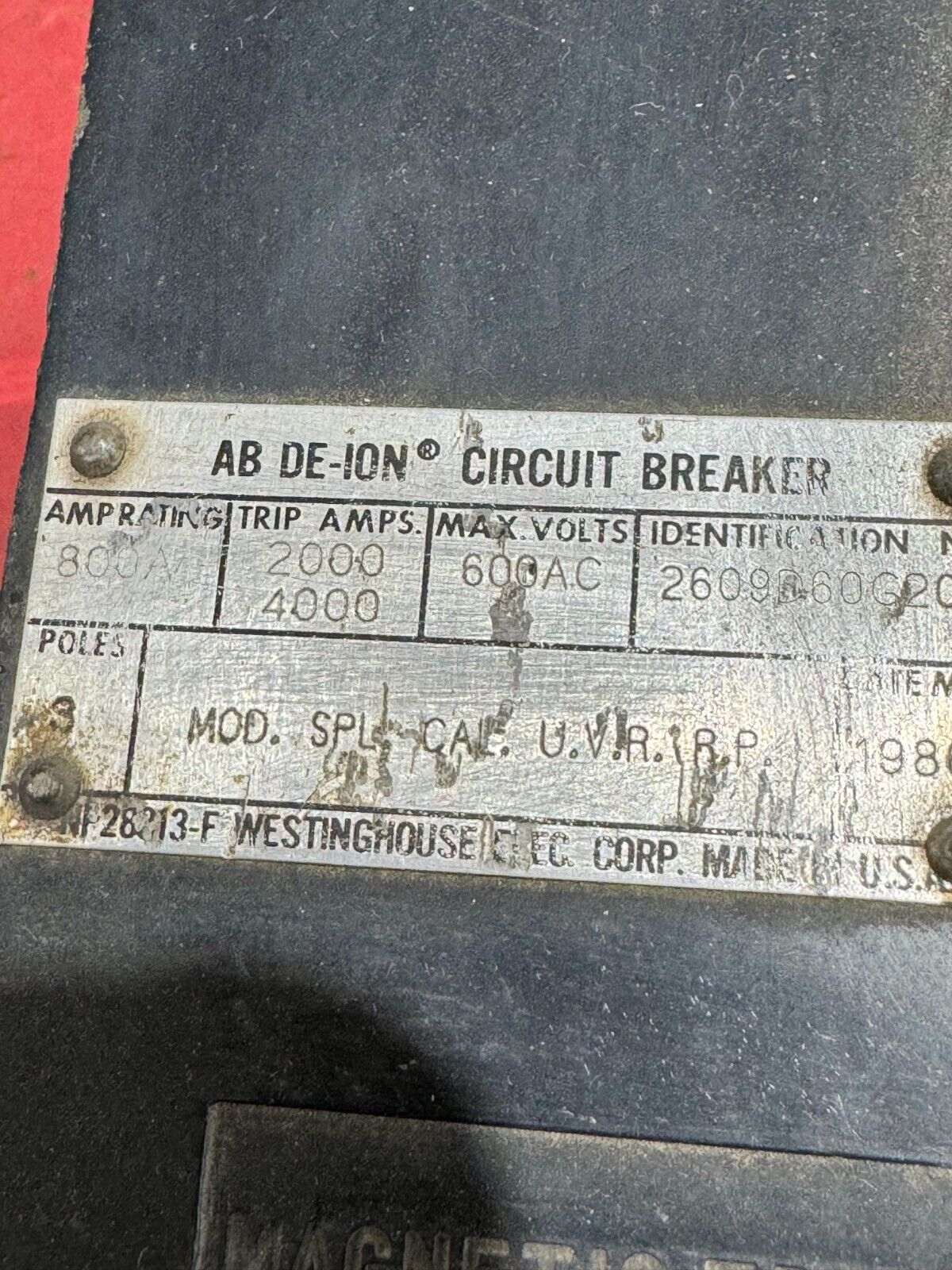 USED WESTINGHOUSE 800AMP MINING CIRCUIT BREAKER 2609D60G20