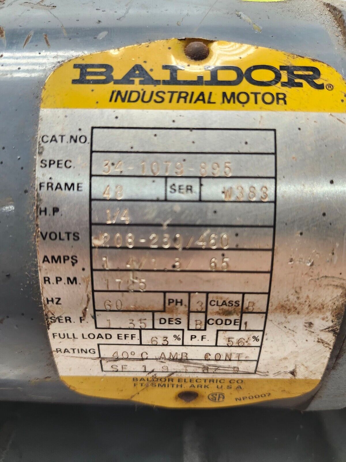 USED NO BOX BALDOR MOTOR 3 PHASE 1/2HP 208-230/460V 341079895