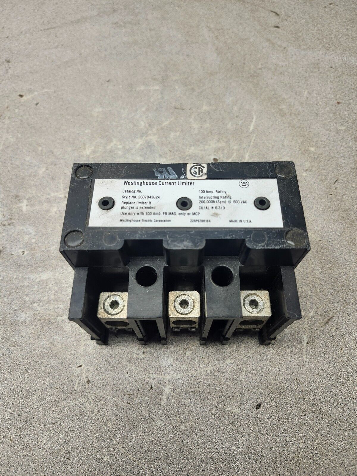 USED WESTINGHOUSE CURRENT LIMITER 100A AMP RATING 2607D43G24